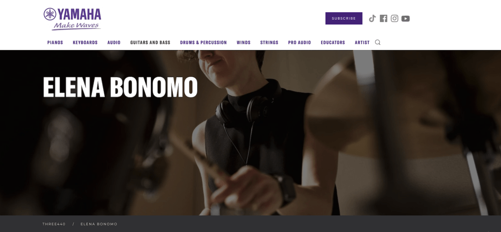Yamaha Three440 artist blog screenshot featuring drummer Elena Bonomo